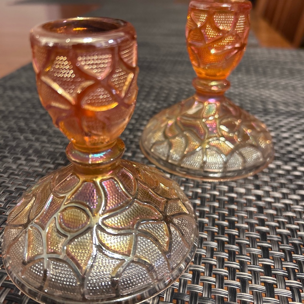 2 Imperial Carnival Glass Soda Gold Candlestick Holders - Marigold